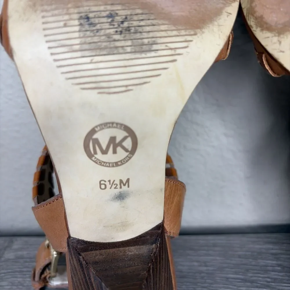 MICHAEL KORS Kalle T Strap Womens Brown Leather Heels Sandals 6.5 Whip Stitch